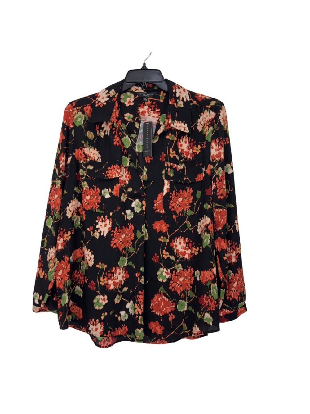 Invesment Floral Pullover Blouse Woman Size 1X Black Orange Green Long Sleeve